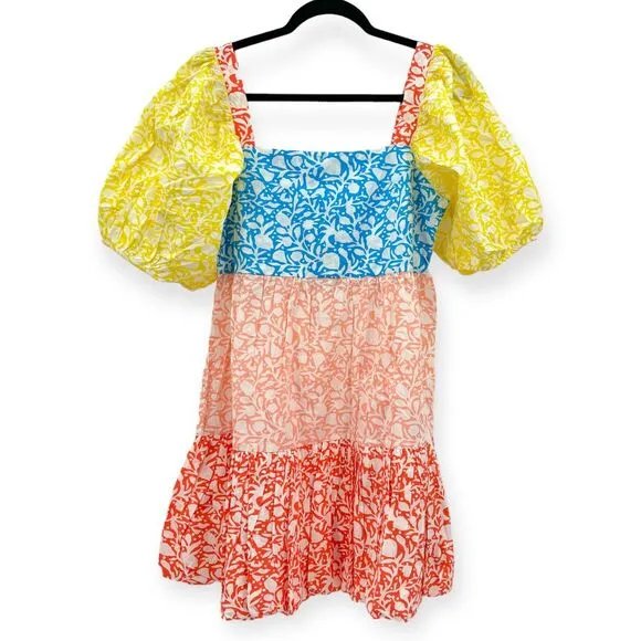 Oliphant NEW Bubble Skirt Puff Sleeve Mini Dress‎ in Canary Multi Women's Size M