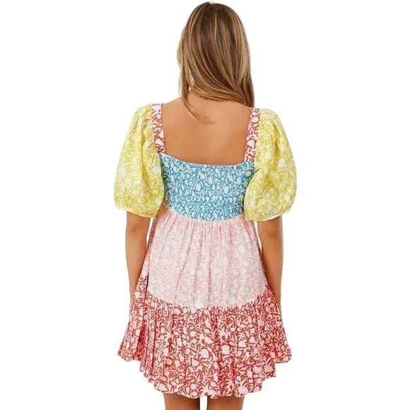 Oliphant NEW Bubble Skirt Puff Sleeve Mini Dress‎ in Canary Multi Women's Size M