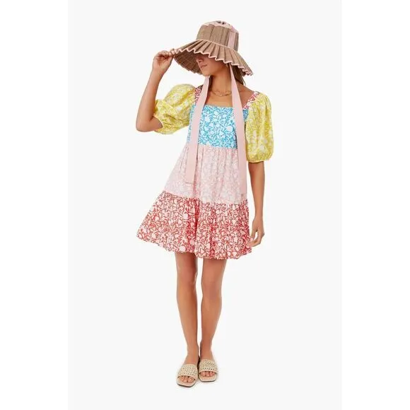 Oliphant NEW Bubble Skirt Puff Sleeve Mini Dress‎ in Canary Multi Women's Size M