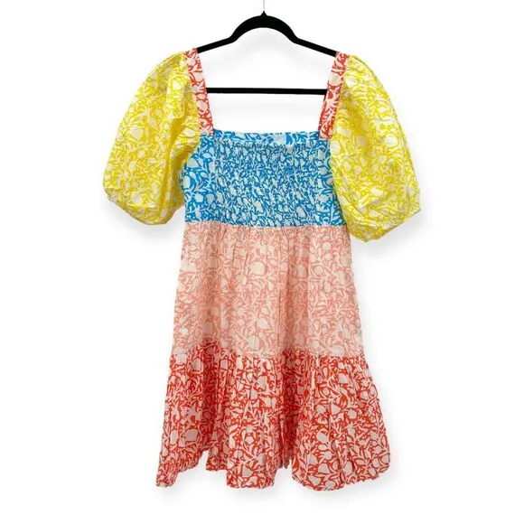 Oliphant NEW Bubble Skirt Puff Sleeve Mini Dress‎ in Canary Multi Women's Size M