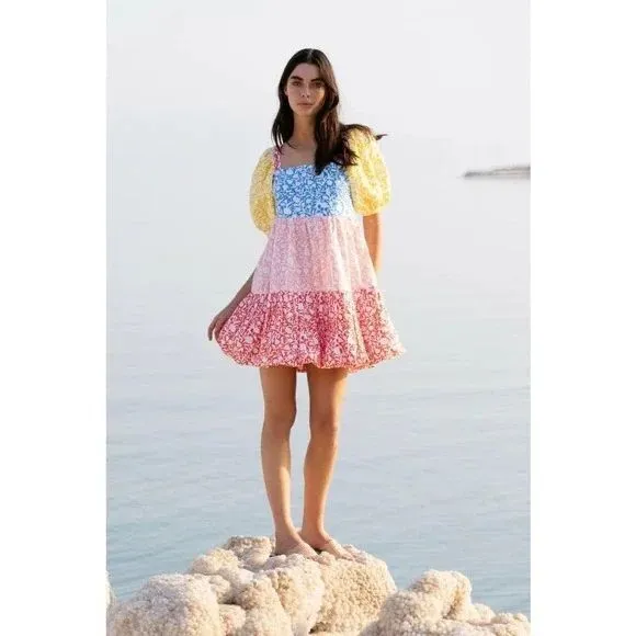 Oliphant NEW Bubble Skirt Puff Sleeve Mini Dress‎ in Canary Multi Women's Size M