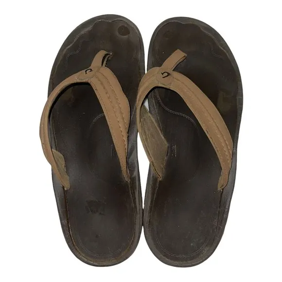 Olukai Brown Leather Thong Flip Flops Sandals Men's 15