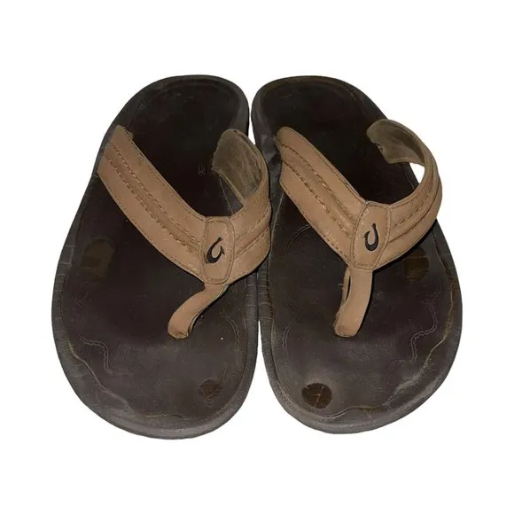 Olukai Brown Leather Thong Flip Flops Sandals Men's 15