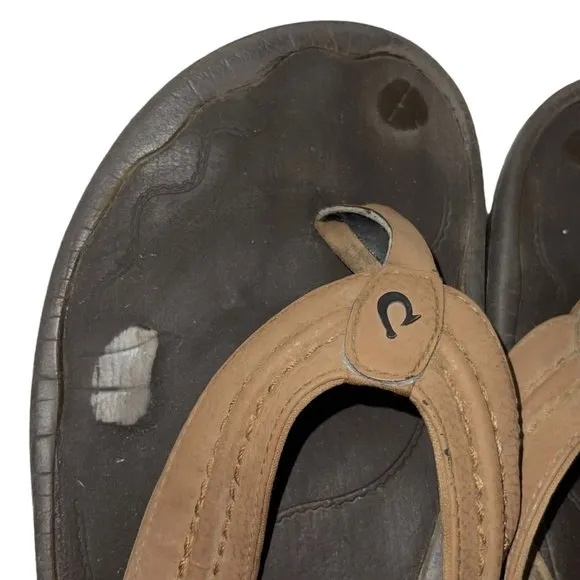 Olukai Brown Leather Thong Flip Flops Sandals Men's 15