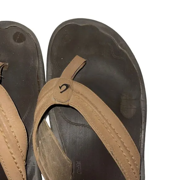 Olukai Brown Leather Thong Flip Flops Sandals Men's 15