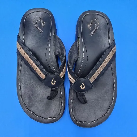 Olukai Kukui Men's Sandals Size 41 EU  8 US Black Leather Flip Flops Thongs
