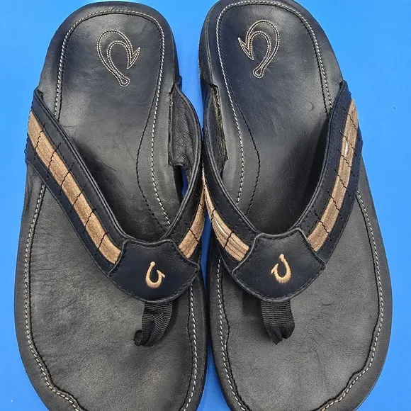 Olukai Kukui Men's Sandals Size 41 EU  8 US Black Leather Flip Flops Thongs