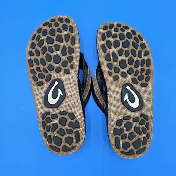 Olukai Kukui Men's Sandals Size 41 EU  8 US Black Leather Flip Flops Thongs