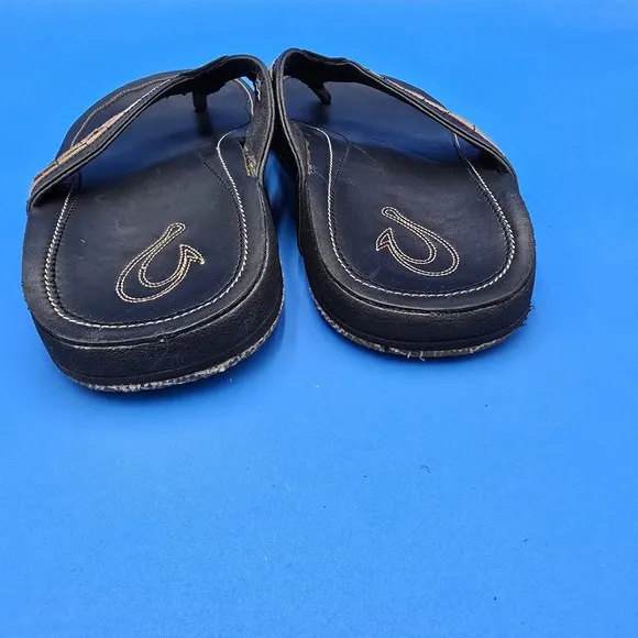 Olukai Kukui Men's Sandals Size 41 EU  8 US Black Leather Flip Flops Thongs