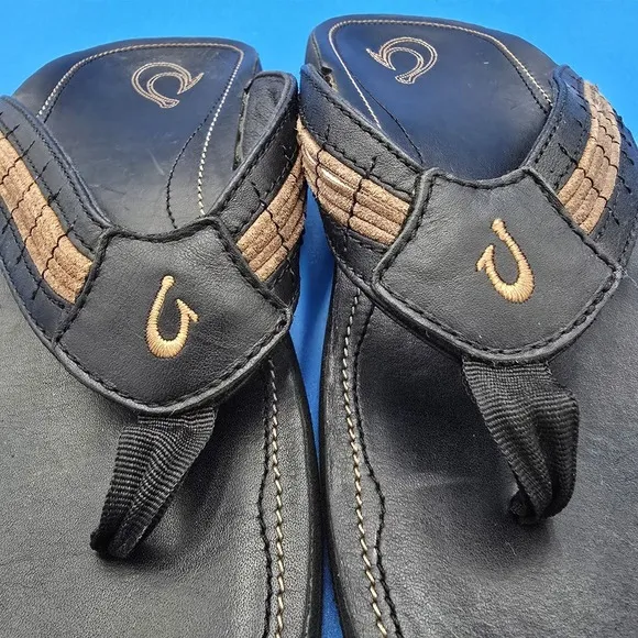 Olukai Kukui Men's Sandals Size 41 EU  8 US Black Leather Flip Flops Thongs