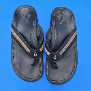 Olukai Kukui Men's Sandals Size 41 EU  8 US Black Leather Flip Flops Thongs