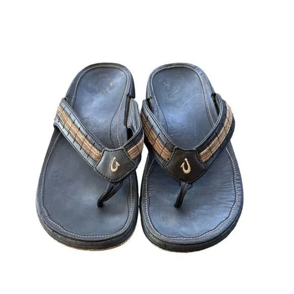 Olukai Mea Ola 10147-4040  Men's Brown Leather Flip Flop Sandals Slip On-Size 11