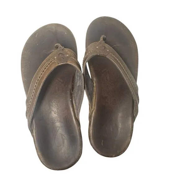 Olukai Mea Ola Flip Flop Men's Size 10 Brown Leather Casual Slippers Sandals