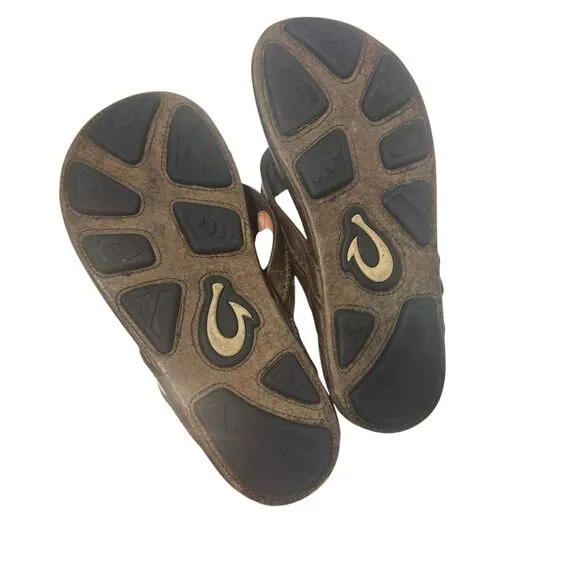 Olukai Mea Ola Flip Flop Men's Size 10 Brown Leather Casual Slippers Sandals