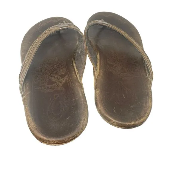 Olukai Mea Ola Flip Flop Men's Size 10 Brown Leather Casual Slippers Sandals
