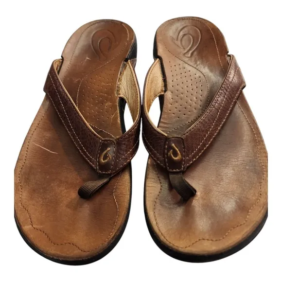 Olukai Men's Brown Kumu Leather Flip Flop Sandals Size W8 — Used, Read Descript