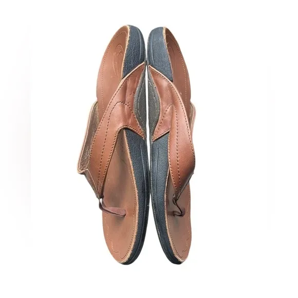 Olukai Mens Kumu Brown Leather Flip Flop Sandals size 9