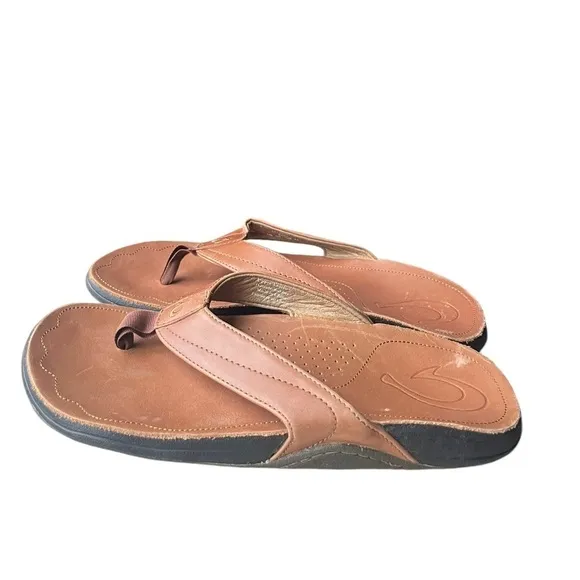 Olukai Mens Kumu Brown Leather Flip Flop Sandals size 9