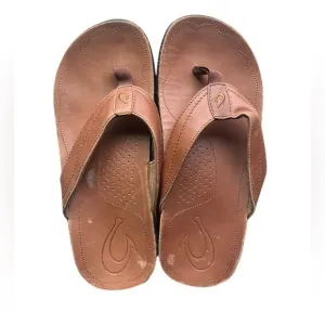 Olukai Mens Kumu Brown Leather Flip Flop Sandals size 9