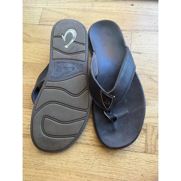 Olukai Nalukai Thong Sandals 12 Mens Dark Brown Comfort Leather
