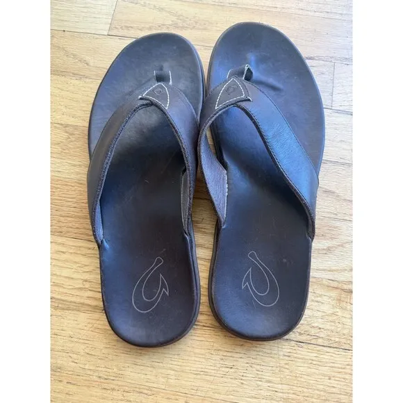Olukai Nalukai Thong Sandals 12 Mens Dark Brown Comfort Leather