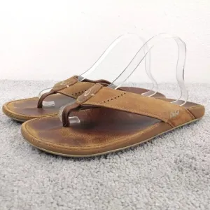 Olukai Nui Flip Flop Sandals Mens 12 Shoes Brown Leather Beach Surfing