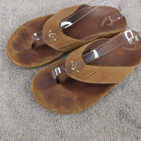 Olukai Nui Flip Flop Sandals Mens 12 Shoes Brown Leather Beach Surfing