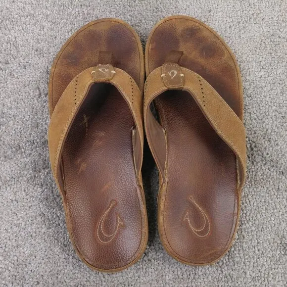 Olukai Nui Flip Flop Sandals Mens 12 Shoes Brown Leather Beach Surfing
