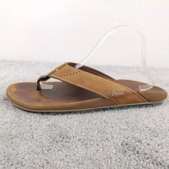 Olukai Nui Flip Flop Sandals Mens 12 Shoes Brown Leather Beach Surfing