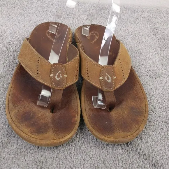 Olukai Nui Flip Flop Sandals Mens 12 Shoes Brown Leather Beach Surfing