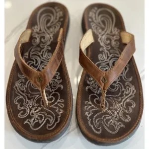Olukai Paniolo Brown Stitched Leather Flip Flops - Women's Size 11