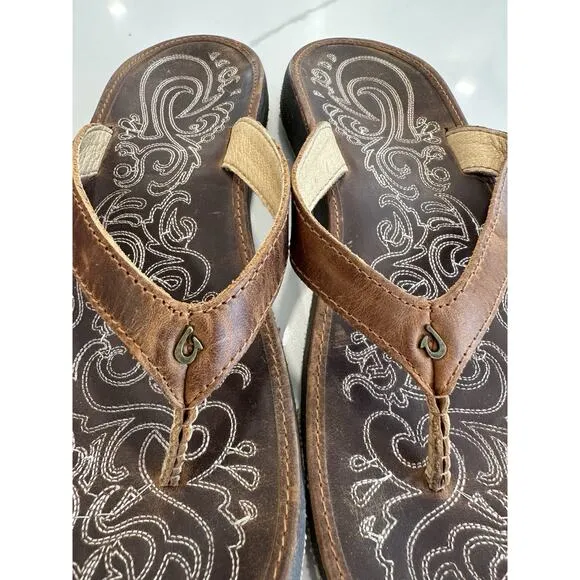 Olukai Paniolo Brown Stitched Leather Flip Flops - Women's Size 11