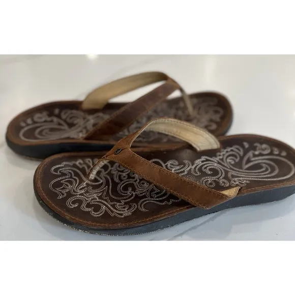Olukai Paniolo Brown Stitched Leather Flip Flops - Women's Size 11