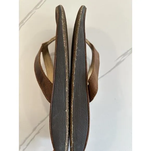 Olukai Paniolo Brown Stitched Leather Flip Flops - Women's Size 11