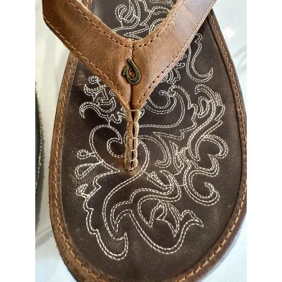 Olukai Paniolo Brown Stitched Leather Flip Flops - Women's Size 11