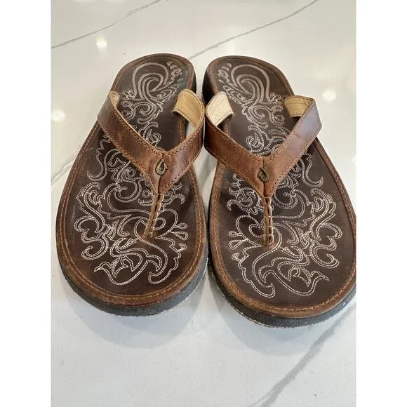 Olukai Paniolo Brown Stitched Leather Flip Flops - Women's Size 11