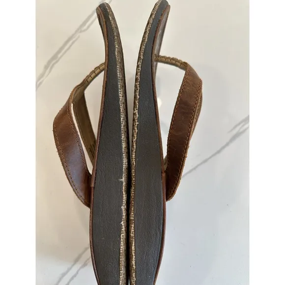 Olukai Paniolo Brown Stitched Leather Flip Flops - Women's Size 11