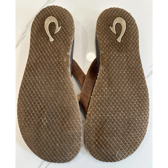 Olukai Paniolo Brown Stitched Leather Flip Flops - Women's Size 11