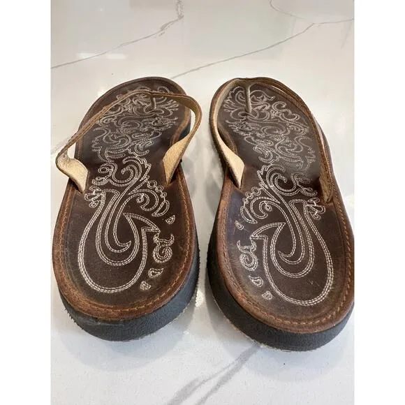 Olukai Paniolo Brown Stitched Leather Flip Flops - Women's Size 11