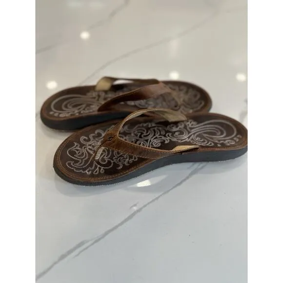 Olukai Paniolo Brown Stitched Leather Flip Flops - Women's Size 11