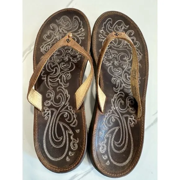 Olukai Paniolo Brown Stitched Leather Flip Flops - Women's Size 11