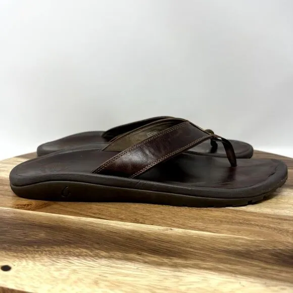 Olukai Ohana Leather Flip Flop Thongs Sandals Brown Men's US Size 13 (EU 48)
