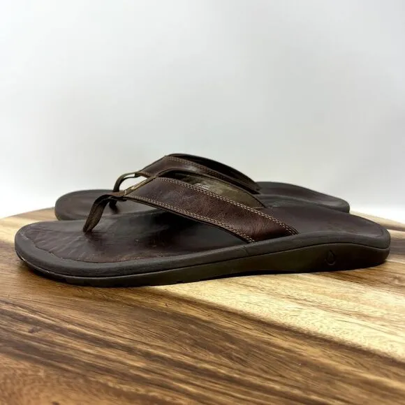 Olukai Ohana Leather Flip Flop Thongs Sandals Brown Men's US Size 13 (EU 48)