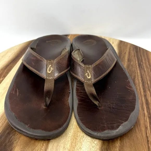 Olukai Ohana Leather Flip Flop Thongs Sandals Brown Men's US Size 13 (EU 48)