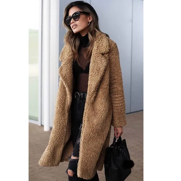 Open Front Long Cardigan Coat Faux Fur Warm