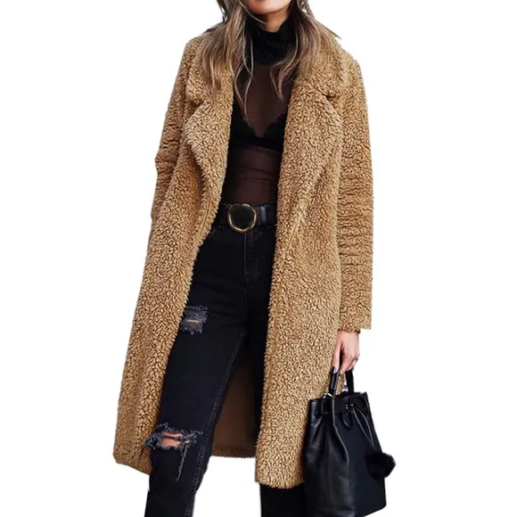 Open Front Long Cardigan Coat Faux Fur Warm