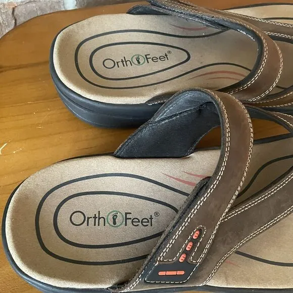 OrthoFeet Eldorado Sandals Men's 11.5D Flip Flop Brown Comfort Orthopedic Arch