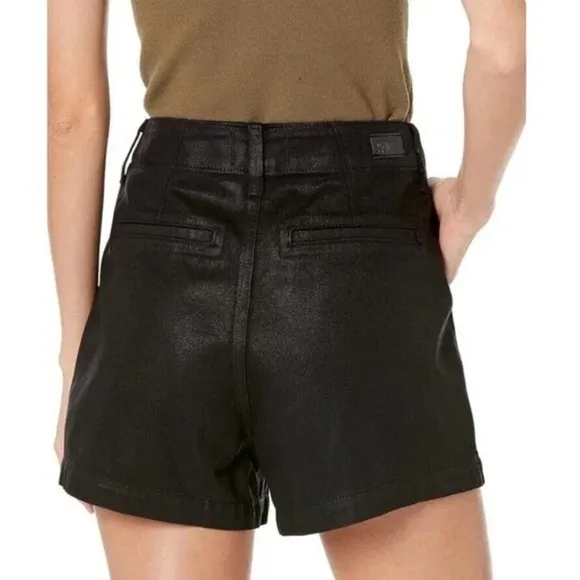 PAIGE Black Coated Faux Leather Pleated Front Shorts High Rise Women $189NWT