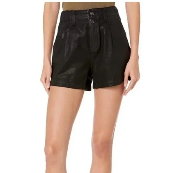 PAIGE Black Coated Faux Leather Pleated Front Shorts High Rise Women $189NWT