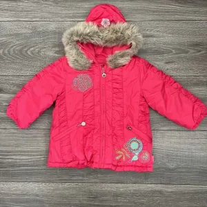 Pampolina Baby Girls Pink Hooded Ski Jacket sz 9M Faux Fur Trim Winter Parka